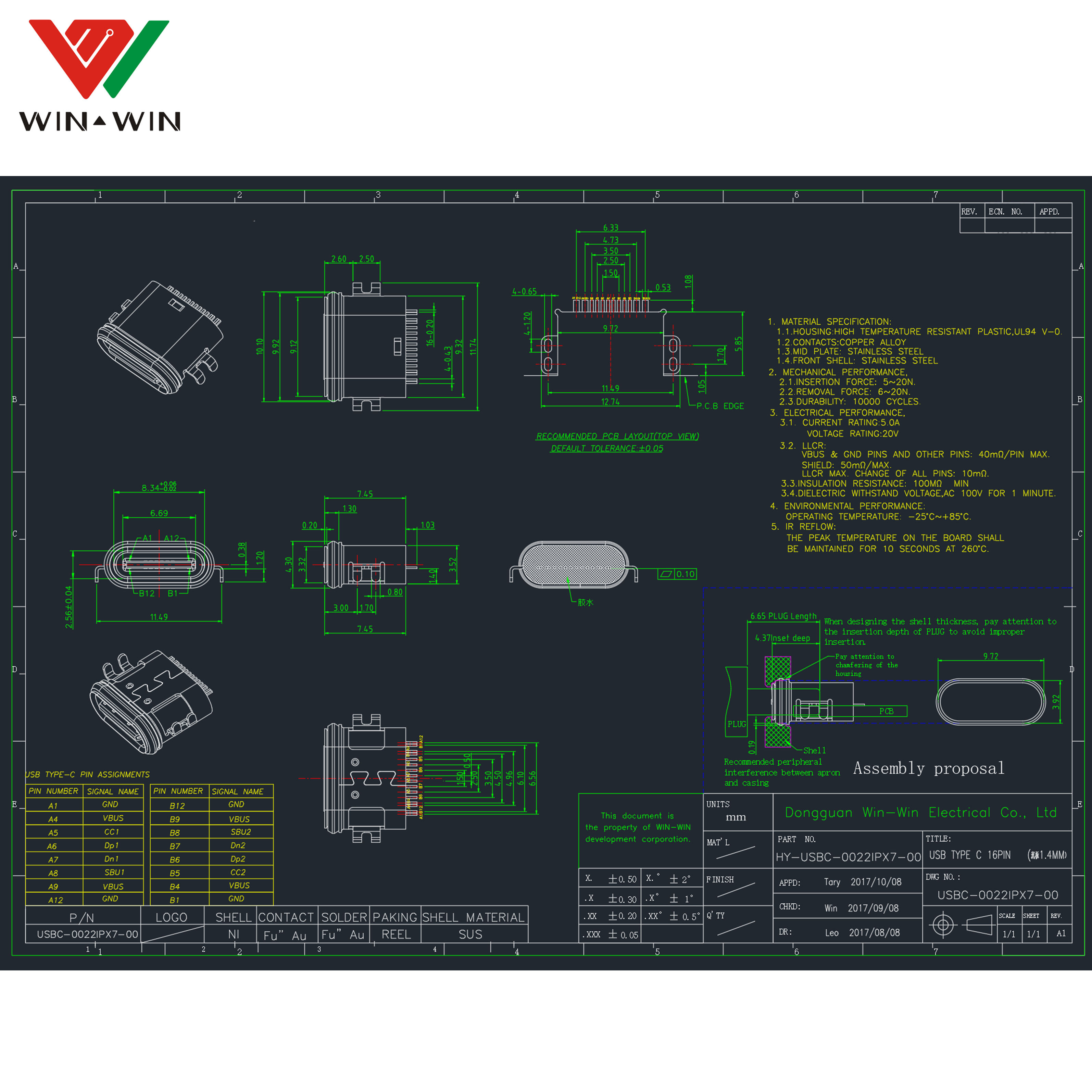 16pin waterproof usb connector pin type c terminals for Cold connection port