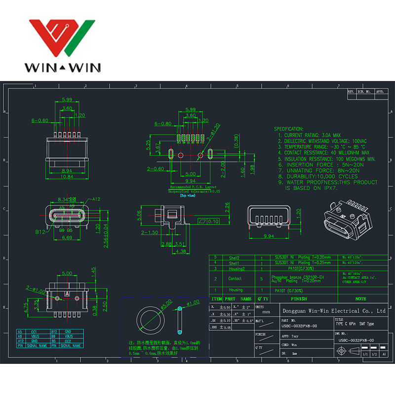 Waterproof wire usb connector SMT A B C Type ip68 level