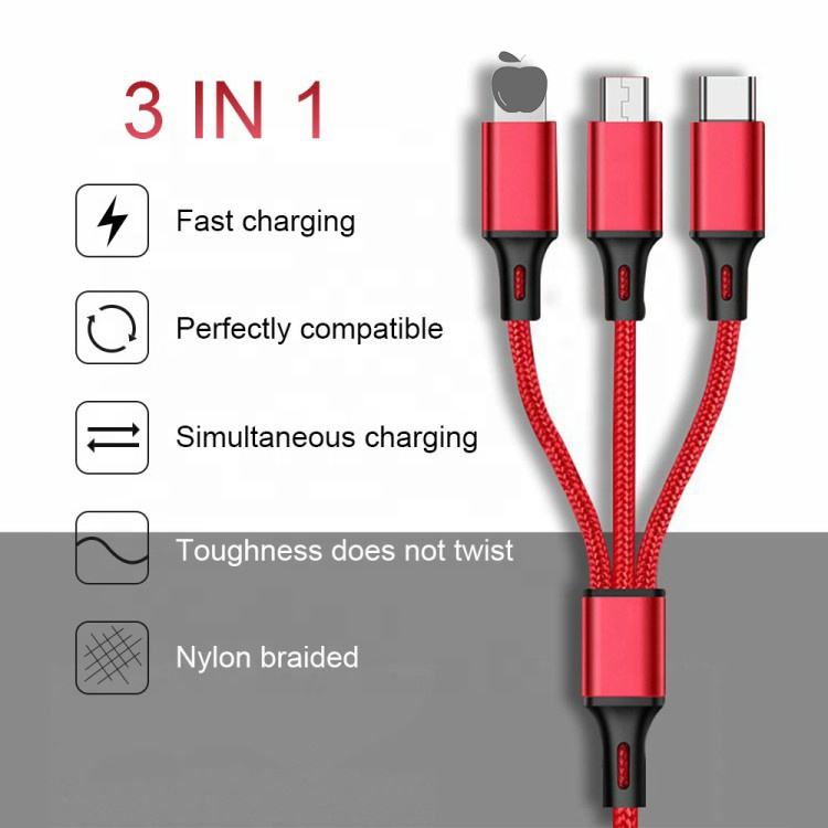 Nylon braided 3ft 6ft 10ft 3 in 1 usb 3.0 charger cable micro usb 8pin type C fast charging data cable for mobile phone